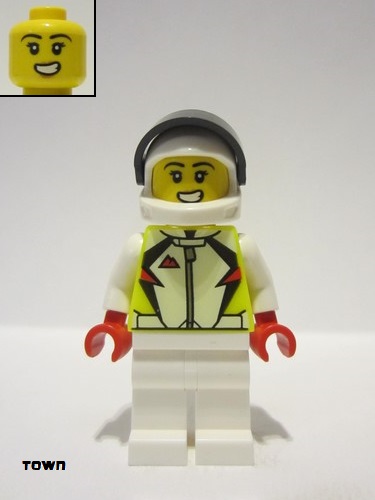 lego 2023 mini figurine cty1591 Stuntz Driver Female, Neon Yellow Jacket, White Legs, White Helmet with Black Visor 