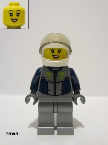 lego 2023 mini figurine cty1593 Race Car Driver Female, Dark Blue and Flat Silver Race Suit, White Helmet 