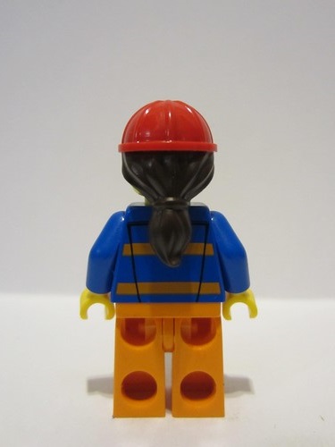 lego 2023 mini figurine cty1600 Construction Worker Female, Blue Open Jacket with Pockets and Orange Stripes, Orange Legs, Red Construction Helmet with Dark Brown Hair, Goggles 