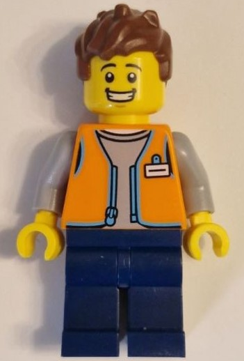 lego 2023 mini figurine cty1619 Shop Assistant Male, Orange Open Jacket, Dark Blue Legs, Reddish Brown Hair 