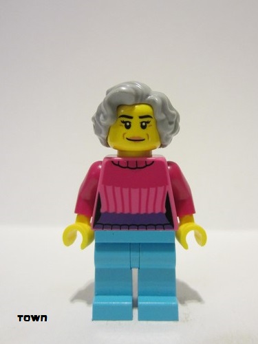 lego 2023 mini figurine cty1622 Grandmother Dark Pink Sweater, Medium Azure Legs, Light Bluish Gray Wavy Hair 