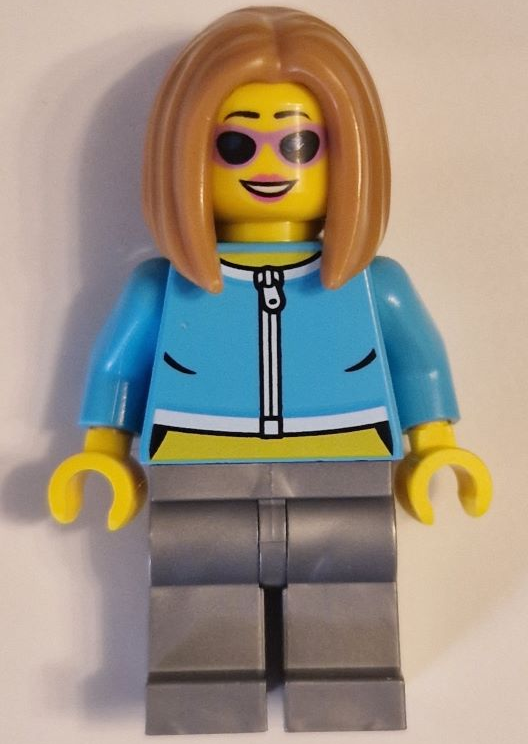 lego 2023 mini figurine cty1623 Citizen Female - Medium Azure Jacket, White Zipper and Collar, Flat Silver Legs, Medium Nougat Hair, Sunglasses 