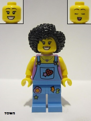 lego 2023 mini figurine cty1648 Street Performer / Busker Female, Medium Lavender Top, Medium Blue Overalls and Legs, Black Hair 