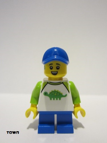 lego 2023 mini figurine cty1662 Boy White Dinosaur Shirt with Lime Sleeves, Blue Short Legs, Blue Cap 