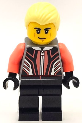 lego 2023 mini figurine cty1666 Race Car Driver Male, Black and Coral Racing Suit, Black Legs, Bright Light Yellow Hair 