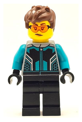 lego 2023 mini figurine cty1667 Race Car Driver Female, Black and Dark Turquoise Racing Suit, Black Legs, Reddish Brown Hair, Safety Glasses 