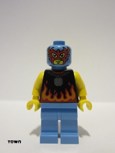 lego 2023 mini figurine cty1668 Taco Monster Truck Driver Male, Black Sleeveless Shirt with Flames, Medium Blue Legs, Wrestling Mask 