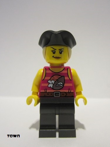 lego 2023 mini figurine cty1669 Pirate Monster Truck Driver Female, Magenta Tank Top with Coral Stripes and Silver Shark, Pearl Dark Gray Legs, Black Tricorne Hat with Tan Ponytail 