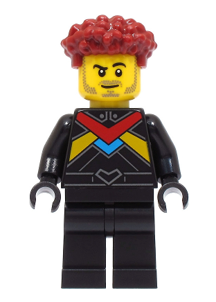 lego 2023 mini figurine cty1670 Race Car Driver Male, Black Racing Suit with Red, Dark Azure and Bright Light Orange Stripes, Dark Red Hair 