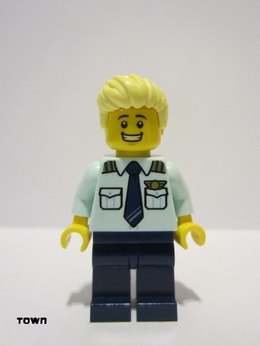 lego 2023 mini figurine cty1679 Passenger Plane Pilot Male, Bright Light Blue Shirt, Dark Blue Tie and Legs, Bright Light Yellow Short Hair 
