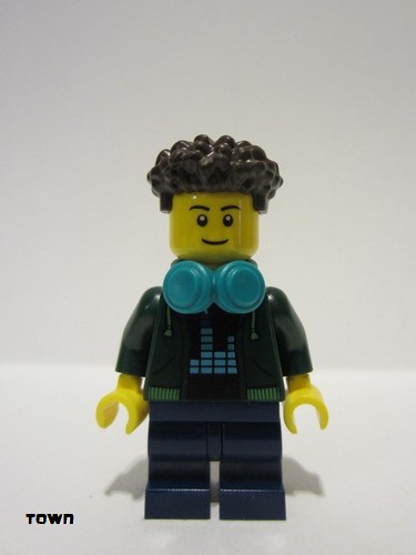 lego 2023 mini figurine cty1685 Child Boy, Dark Green Hoodie, Dark Blue Medium Legs, Dark Brown Hair, Dark Turquoise Headphones 