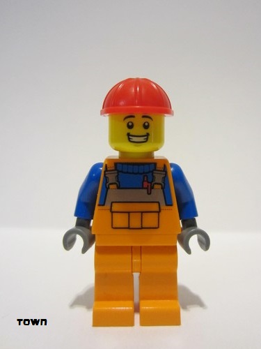 lego 2023 mini figurine cty1688 Construction Worker Male, Orange Overalls with Reflective Stripe and Buckles over Blue Shirt, Orange Legs, Red Construction Helmet, Open Mouth Smile 