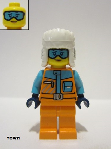 lego 2023 mini figurine cty1690 Arctic Explorer Female, Orange Jacket, Dark Blue Ushanka Hat, Medium Azure Goggles 