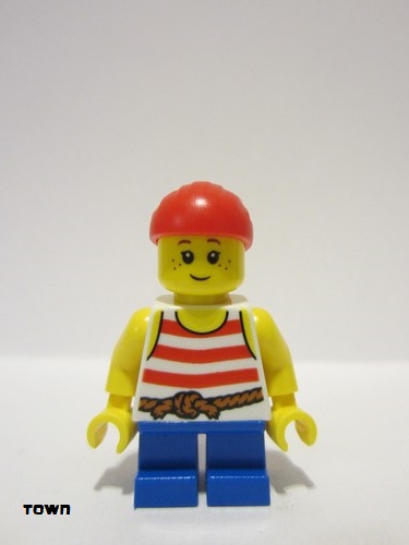 lego 2023 mini figurine twn463 Child Pirate Costume, White Tank Top with Red Stripes, Blue Short Legs, Red Bandana 