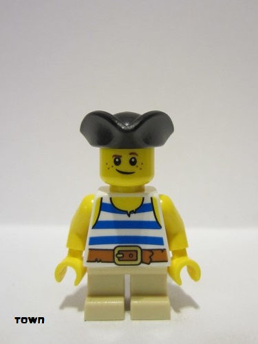 lego 2023 mini figurine twn464 Child Pirate Costume, White Tank Top with Blue Stripes, Tan Short Legs, Black Tricorne Hat 