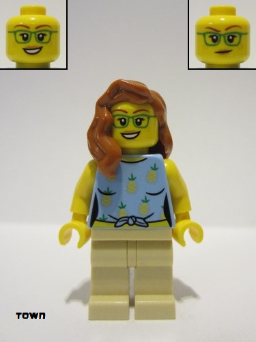 lego 2023 mini figurine twn468 Woman Bright Light Blue Knotted Top with Pineapples, Tan Legs, Green Glasses, Dark Orange Hair 