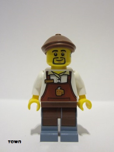 lego 2023 mini figurine twn473 Barista Male, Reddish Brown Apron with Cup and Name Tag, Sand Blue Legs, Reddish Brown Flat Cap, Hearing Aid 