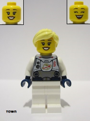 lego 2023 mini figurine twn478 Astronaut Female, Flat Silver Spacesuit with Harness and White Panel with Classic Space Logo, Bright Light Yellow Hair 
