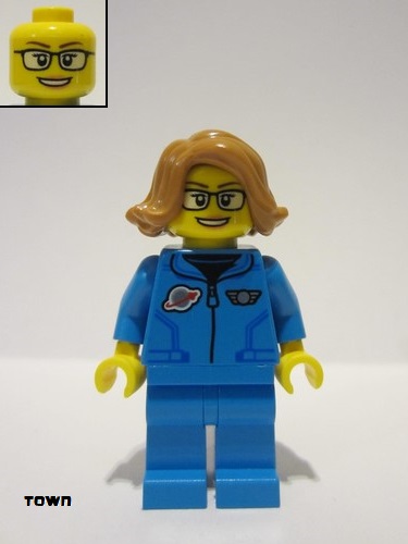 lego 2023 mini figurine twn479 Space Scientist Female, Dark Azure Jumpsuit, Medium Nougat Hair, Glasses, Open Smile 