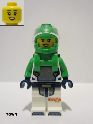 lego 2024 mini figurine cty1698 Astronaut Female, Bright Green Helmet, Bright Green Backpack with Solar Panel, White Suit with Bright Green Arms 