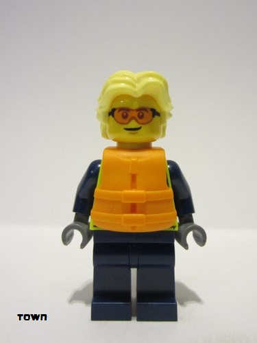 lego 2024 mini figurine cty1700 Police - City Officer Male, Neon Yellow Safety Vest, Orange Safety Glasses and Life Jacket, Bright Light Yellow Hair 