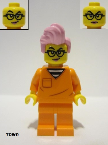 lego 2024 mini figurine cty1702 Police - City Jail Prisoner Female, Orange Prison Jumpsuit, Bright Pink Hair, Black Glasses 