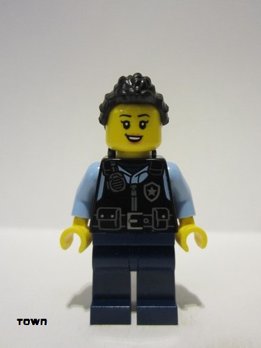 lego 2024 mini figurine cty1703 Police - City Officer Female, Black Safety Vest, Dark Blue Legs, Black Hair Long with Braided Ponytail 