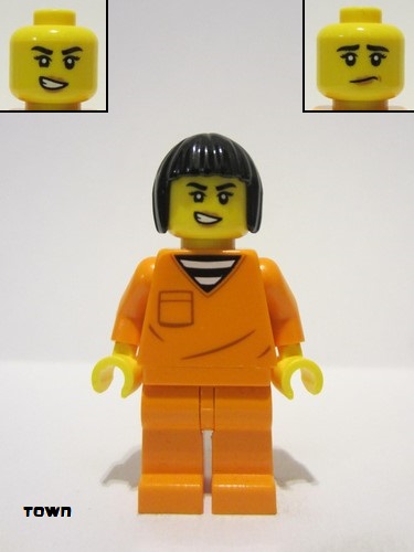 lego 2024 mini figurine cty1704 Police - City Jail Prisoner Female, Orange Prison Jumpsuit, Black Bob Cut Hair Short 