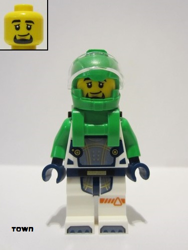 lego 2024 mini figurine cty1706 Astronaut Male, White Spacesuit with Bright Green Arms, Bright Green Helmet, Bright Green Backpack with Solar Panel, Goatee 