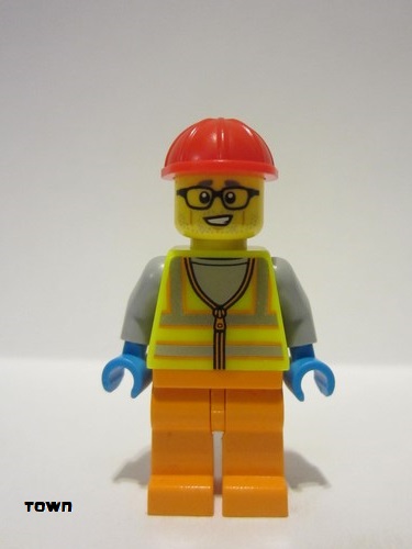 lego 2024 mini figurine cty1710 Construction Worker Male, Neon Yellow Safety Vest, Orange Legs, Red Construction Helmet, Black Glasses 