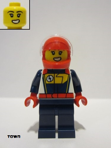 lego 2024 mini figurine cty1711 Race Car Driver Female, White, Dark Blue and Yellow Racing Suit, Dark Blue Legs, Red Helmet 
