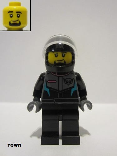 lego 2024 mini figurine cty1712 Race Car Driver Male, Black, Dark Bluish Gray and Dark Turguoise Racing Suit with Hawk, Black Legs, Helmet 