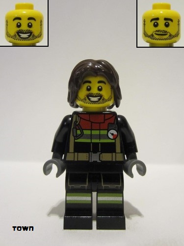 lego 2024 mini figurine cty1714 Fire Male, Black Jacket and Legs with Reflective Stripes and Red Collar, Dark Brown Hair Mid-Length Tousled 