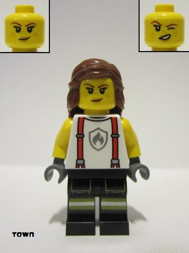 lego 2024 mini figurine cty1715 Fire Female, White Shirt with Suspenders, Legs with Reflective Stripes, Reddish Brown Hair with Braid 