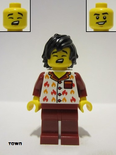 lego 2024 mini figurine cty1717 Fire Male, White Jacket with Flames, Dark Red Legs, Black Tousled Hair 