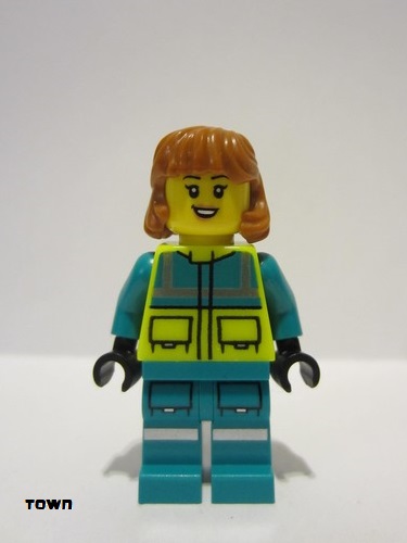lego 2024 mini figurine cty1720 Ambulance Driver Female, Dark Turquoise and Neon Yellow Safety Vest, Legs with Silver Reflective Stripes, Dark Orange Mid Length Hair 