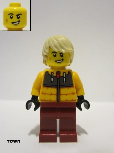lego 2024 mini figurine cty1721 Snowboarder Male, Bright Light Orange Jacket, Dark Red Legs, Tan Tousled Hair, Scuff Mark 
