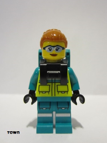 lego 2024 mini figurine cty1723 Paramedic Female, Dark Turquoise and Neon Yellow Safety Vest, Legs with Silver Reflective Stripes, Dark Orange High Bun, Backpack 