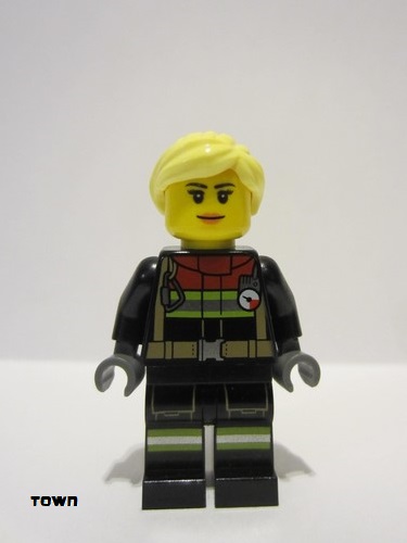 lego 2024 mini figurine cty1731 Fire Female, Black Jacket and Legs with Reflective Stripes and Red Collar, Bright Light Yellow Hair Ponytail and Swept Sideways Fringe 