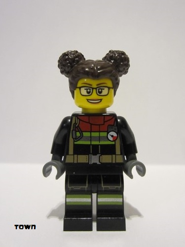 lego 2024 mini figurine cty1732 Fire Female, Black Jacket and Legs with Reflective Stripes and Red Collar, Dark Brown Hair with Buns 
