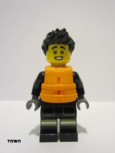 lego 2024 mini figurine cty1733 Fire Male, Black Jacket and Legs with Reflective Stripes, Black Spiked Hair, Orange Life Jacket 