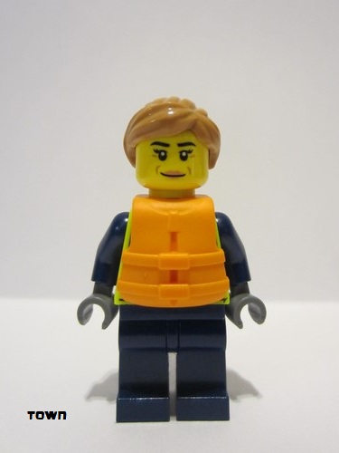 lego 2024 mini figurine cty1736 Police - City Officer Female, Neon Yellow Safety Vest, Orange Life Jacket, Nougat Hair 