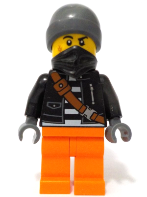 lego 2024 mini figurine cty1737 Police - City Bandit Crook Male, Black Jacket, Orange Legs, Dark Bluish Gray Beanie, Black Bandana 