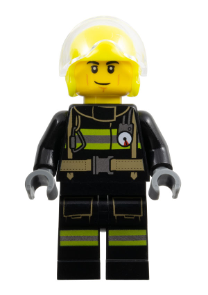 lego 2024 mini figurine cty1739 Fire Male, Helicopter Pilot, Black Jacket and Legs with Reflective Stripes, Neon Yellow Flight Helmet 