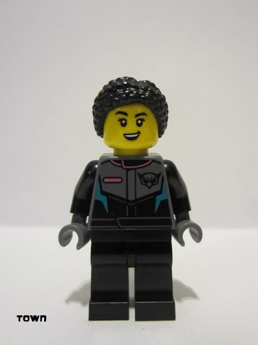 lego 2024 mini figurine cty1742 Race Car Driver Female, Black, Dark Bluish Gray and Dark Turquoise Racing Suit with Hawk, Black Legs and Braided Hair with Knot Bun 