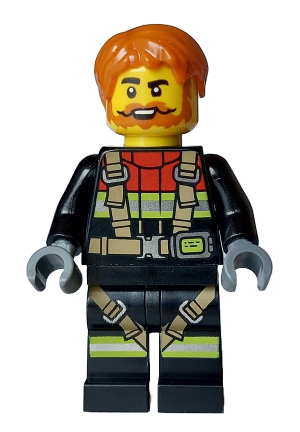 lego 2024 mini figurine cty1746 Fire Male, Black Jacket and Legs with Reflective Stripes, Harness and Red Collar, Dark Orange Hair, Beard and Moustache 