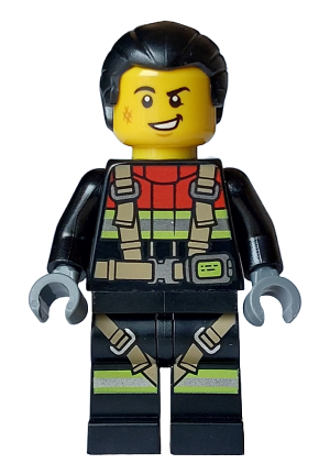 lego 2024 mini figurine cty1747 Fire Male, Black Jacket and Legs with Reflective Stripes, Harness and Red Collar, Black Hair Ponytail 