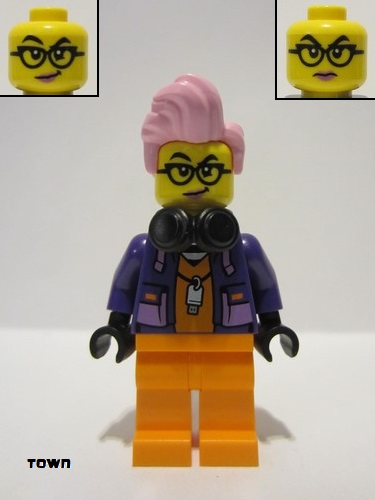 lego 2024 mini figurine cty1749 Police - City Jail Prisoner Female, Orange Prison Jumpsuit, Dark Purple Jacket, Bright Pink Hair, Black Glasses 