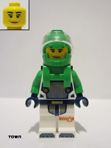 lego 2024 mini figurine cty1753 Astronaut Female, White Spacesuit with Bright Green Arms, Bright Green Helmet, Bright Green Backpack with Solar Panel, Closed Mouth 