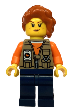 lego 2024 mini figurine cty1766 Jungle Photographer Female, Dark Tan Vest over Orange Shirt, Dark Blue Legs, Dark Orange Hair 